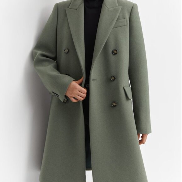 MANGO Wool Double-Breasted Coat in Khaki Sz L - Picture 3 of 16